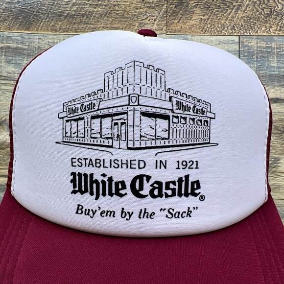 White Castle Mens Trucker Hat Maroon Snapback Vintage Logo Burger Fast Food Cap - Picture 2 of 6